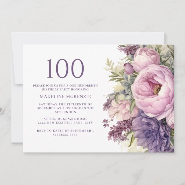 Elegant Purple Pink Flowers 100th Birthday Invitation (Front)