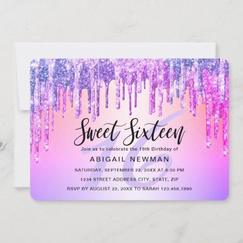 Elegant purple  pink glitter drips sweet sixteen invitation
