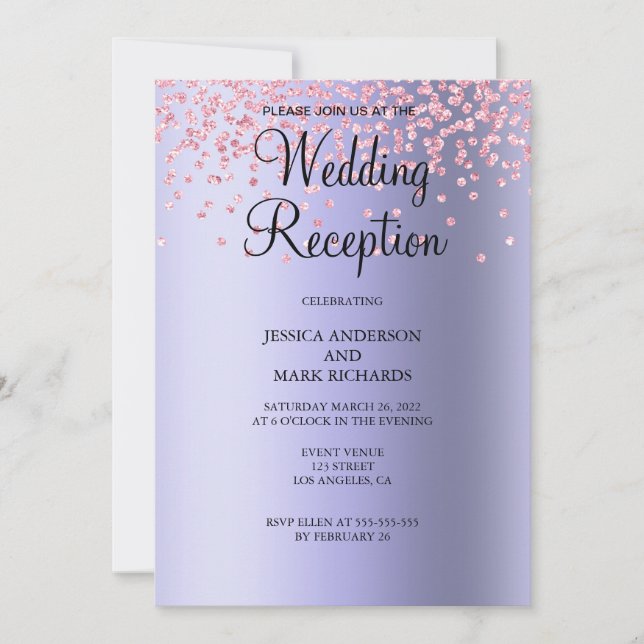 Elegant Purple Pink Glitter Wedding Reception  Invitation (Front)