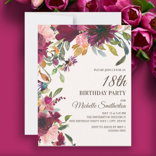 Elegant Purple Pink Gold Floral 18th Birthday Invitation