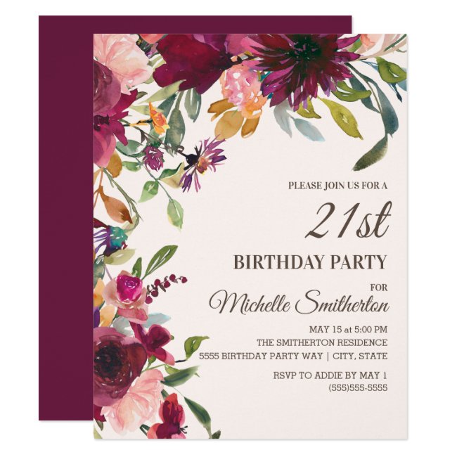 Elegant Purple Pink Gold Floral 21st Birthday Invitation