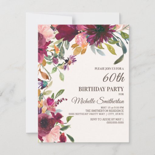 Elegant Purple Pink Gold Floral 60TH Birthday Invitation | Zazzle