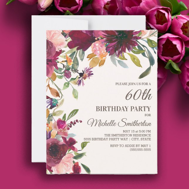 Elegant Purple Pink Gold Floral 60TH Birthday Invitation (Burgundy and pink floral 60th birthday party invitation)