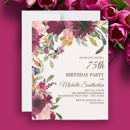 Elegant Purple Pink Gold Floral 75TH Birthday Invitation