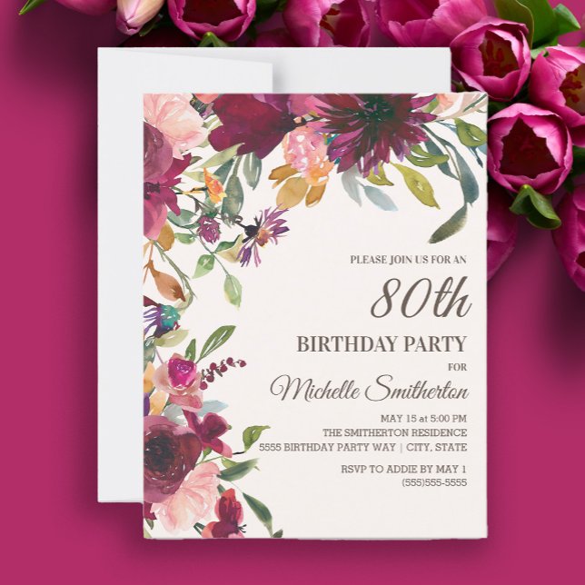 Elegant Purple Pink Gold Floral 80th Birthday Invitation (Burgundy and pink watercolor floral 80th birthday party invitation)