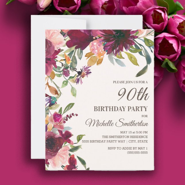 Elegant Purple Pink Gold Floral 90th Birthday Invitation (Burgundy and pink watercolor floral 90th birthday party invitation)