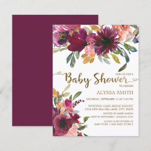 Elegant Purple Pink Gold Floral Script Baby Shower Invitation