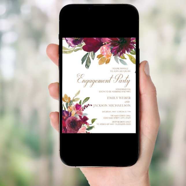 Elegant Purple Pink Gold Floral Script Engagement Invitation (Front Digital)