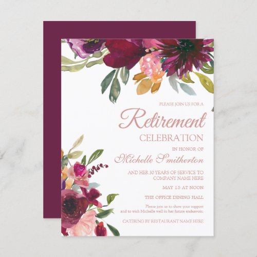 Elegant Purple Pink Gold Floral Script Retirement Invitation