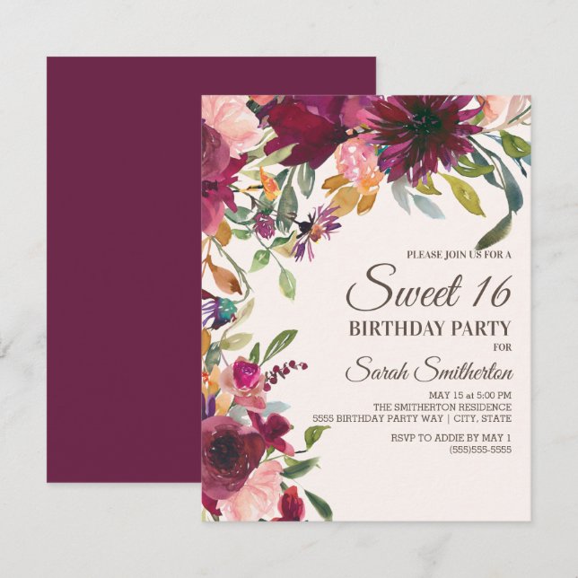 Elegant Purple Pink Gold Floral Script Sweet 16 Invitation (Front/Back)