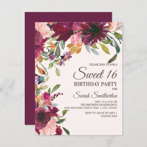 Elegant Purple Pink Gold Floral Script Sweet 16 Invitation