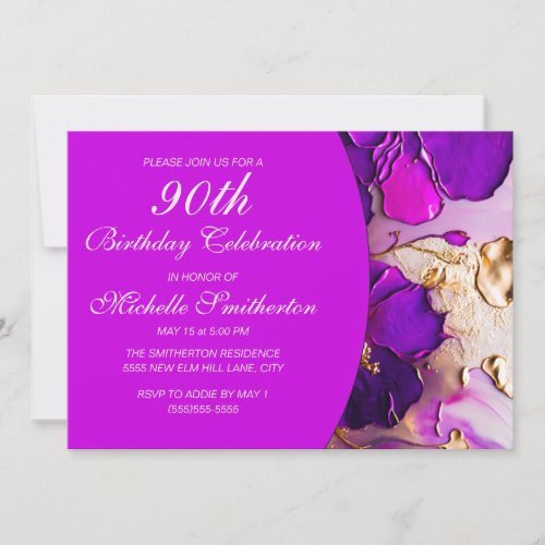 Elegant Purple Pink Gold Flowers 90th Birthday Invitation