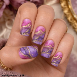 Elegant Purple Pink Gold Marble Ink Minx Nail Art