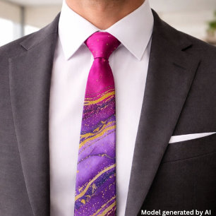 Elegant Purple Pink Gold Marble Ink Neck Tie