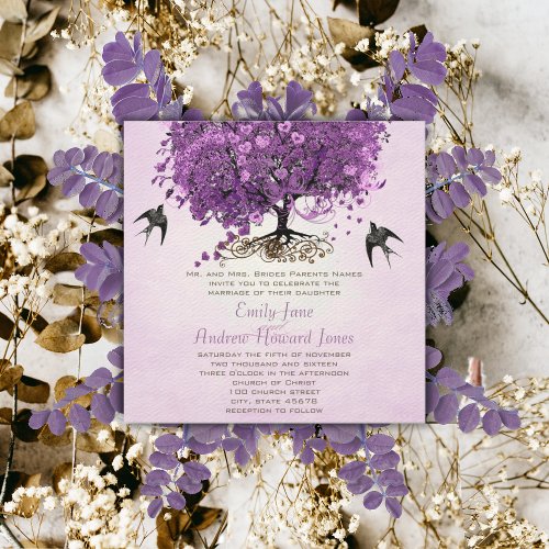 Elegant Purple Pink Heart Leaf Tree Wedding Invitation