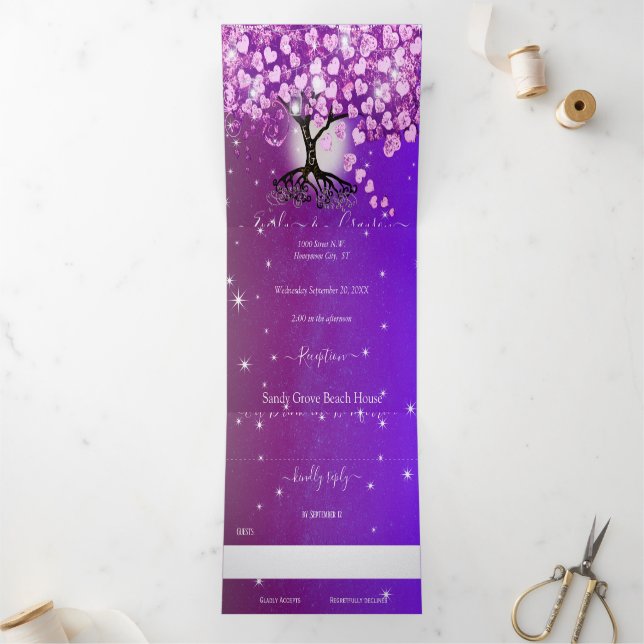 Elegant Purple Pink Heart Leaf Tree Wedding Tri-Fold Invitation (Inside)