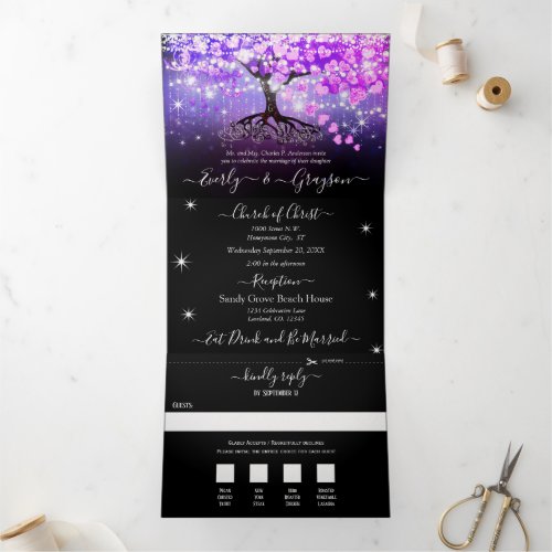 Elegant Purple Pink Heart Leaf  Tree Wedding Tri_Fold Invitation