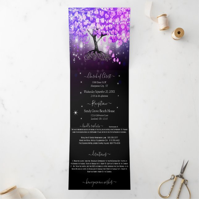 Elegant Purple Pink Heart Leaf Wedding Tri-Fold (Inside)