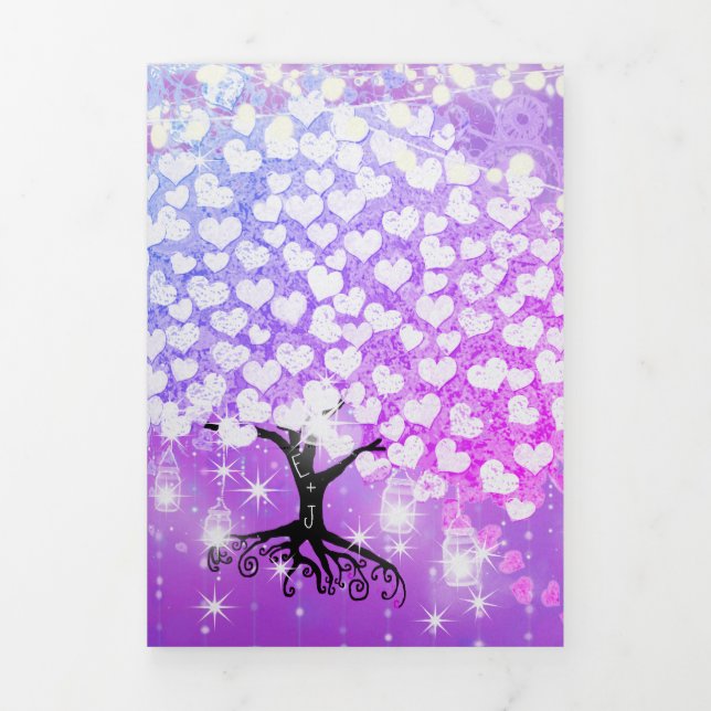 Elegant Purple Pink Heart Leaf Wedding Tri-Fold Invitation (Cover)