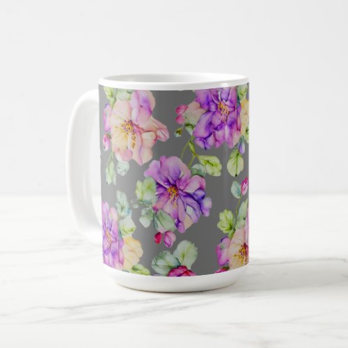 Elegant purple pink orange gray watercolor floral coffee mug