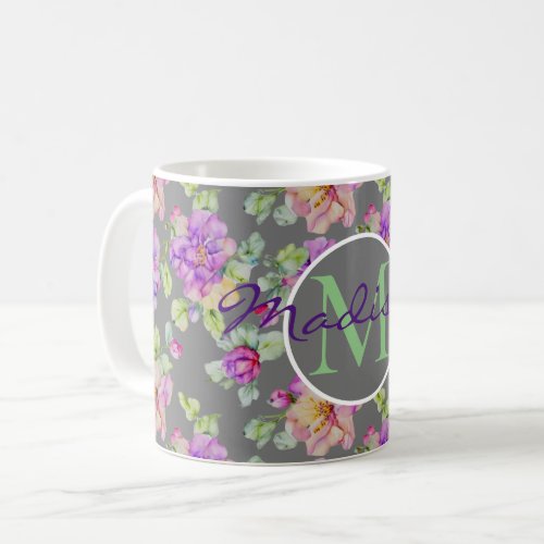 Elegant purple pink orange gray watercolor floral coffee mug