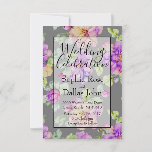 Elegant purple pink orange gray watercolor floral invitation