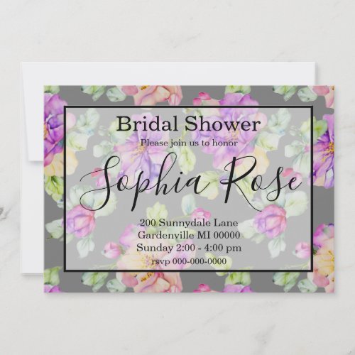 Elegant purple pink orange gray watercolor floral invitation