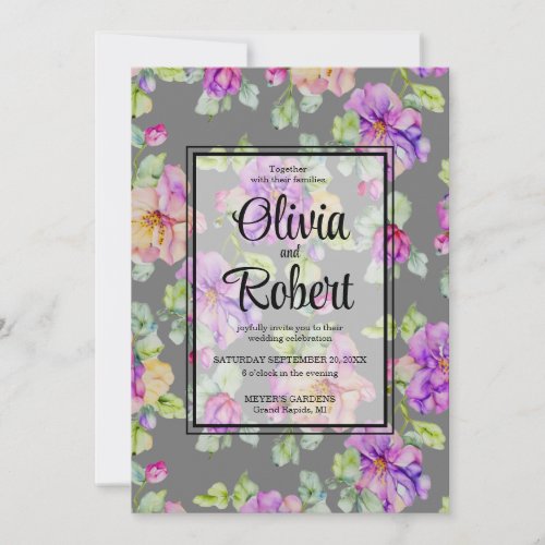 Elegant purple pink orange gray watercolor floral invitation