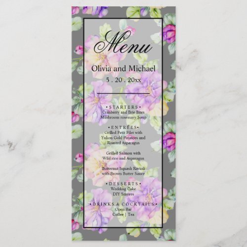 Elegant purple pink orange gray watercolor floral menu