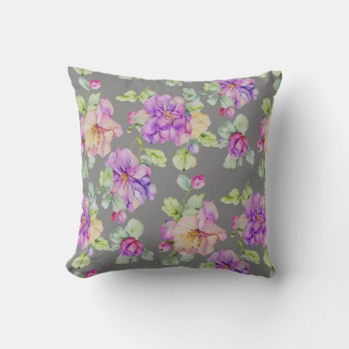 Elegant purple pink orange gray watercolor floral outdoor pillow