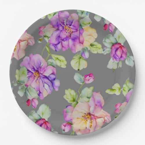 Elegant purple pink orange gray watercolor floral paper plates