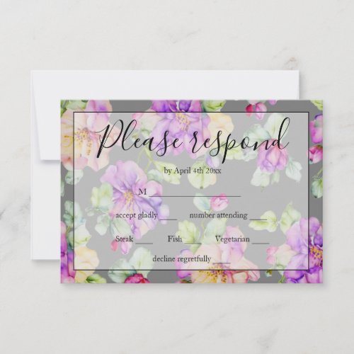 Elegant purple pink orange gray watercolor floral RSVP card
