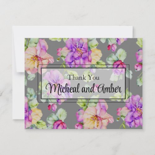 Elegant purple pink orange gray watercolor floral thank you card