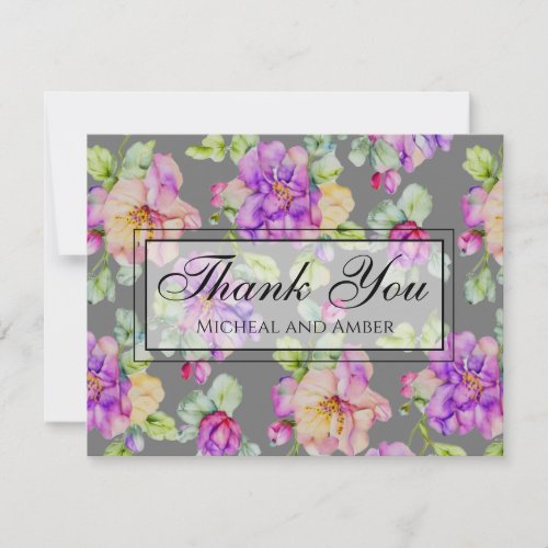 Elegant purple pink orange gray watercolor floral thank you card