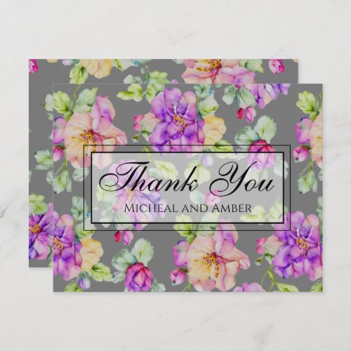 Elegant purple pink orange gray watercolor floral thank you card