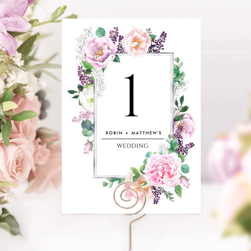 Elegant Purple Pink Peach Floral Table Number