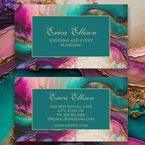 Elegant Purple Pink Teal Gold Marbled  Business Card