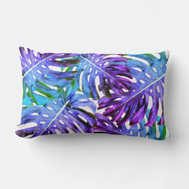 Elegant Purple Pink Tropical Leaf Pattern Lumbar Pillow (Front)