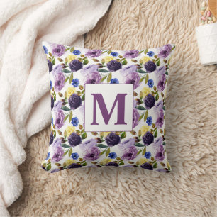 Elegant Purple Pink Watercolor Floral Monogram Throw Pillow