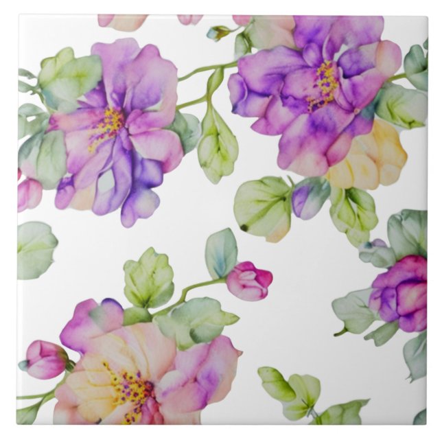 Elegant purple pink watercolor florals ceramic tile (Front)