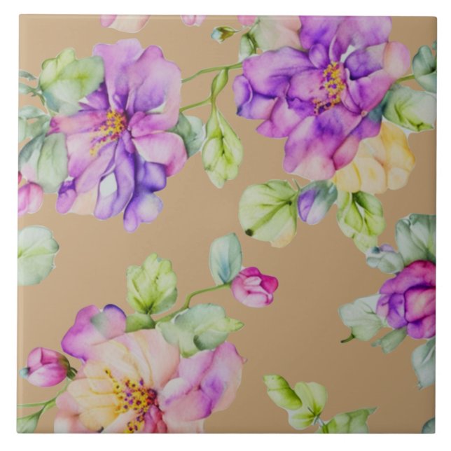 Elegant purple pink watercolor florals ceramic tile (Front)
