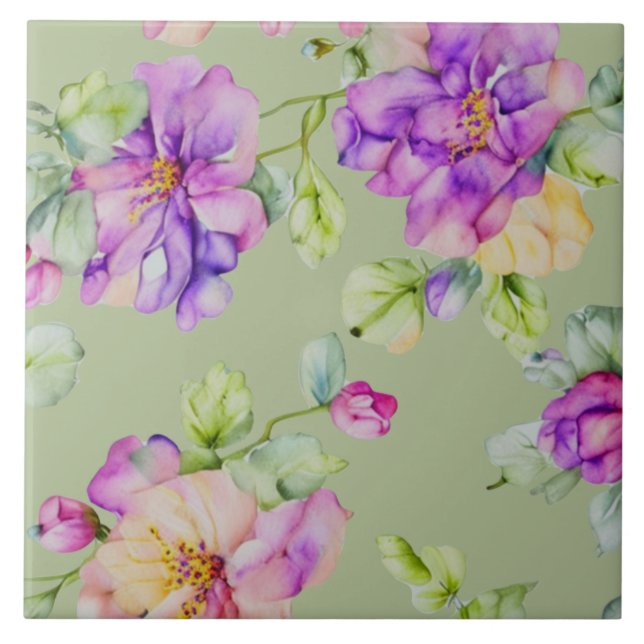 Elegant purple pink watercolor florals ceramic tile (Front)