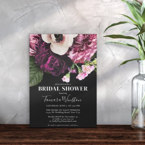 Elegant Purple Pink White Floral Black Shower Invitation