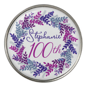 Elegant Purple Pink Wreath 100th Birthday Golf Ball Marker