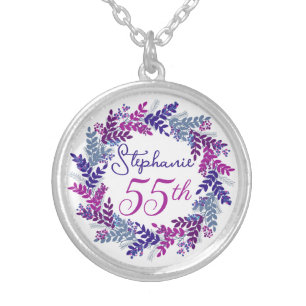 Elegant Purple Pink Wreath 55th Birthday Silver Plated Necklace