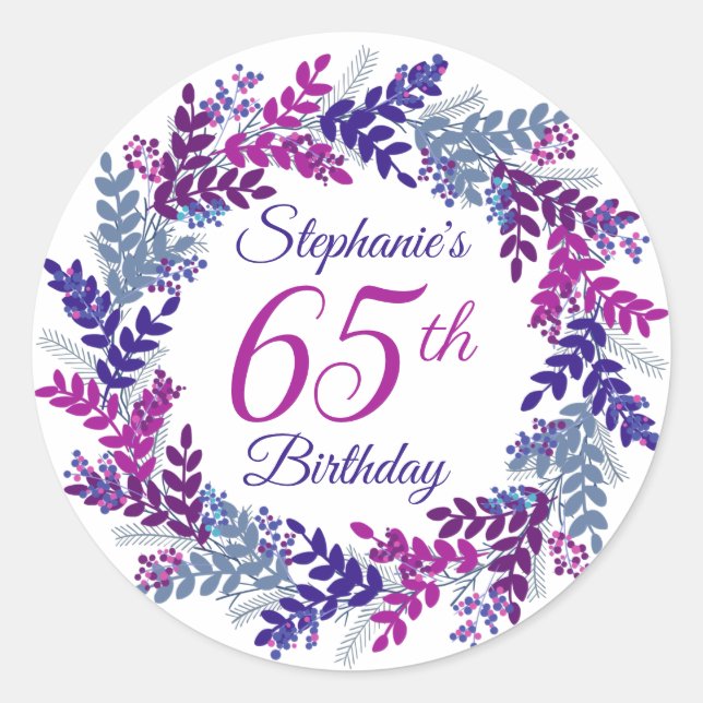 Elegant Purple Pink Wreath 65th Birthday Classic Round Sticker (Front)