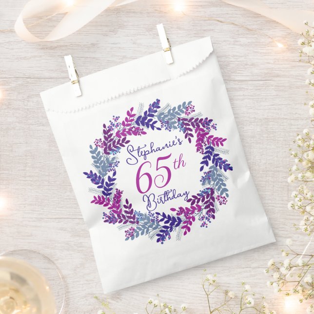 Elegant Purple Pink Wreath 65th Birthday Favor Bag (Clipped)