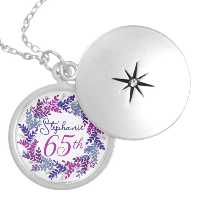 Elegant Purple Pink Wreath 65th Birthday Locket Necklace (Front)