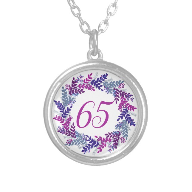 Elegant Purple Pink Wreath 65th Birthday Silver Plated Necklace (Front)