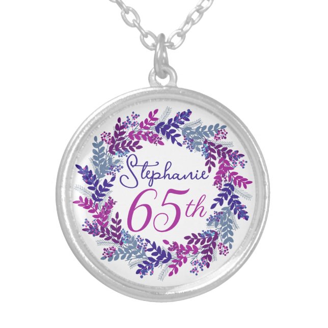 Elegant Purple Pink Wreath 65th Birthday Silver Plated Necklace (Front)